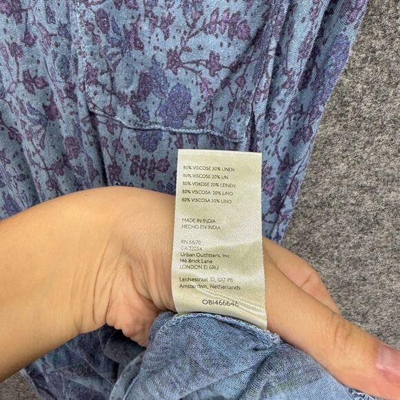 Free People Dress Women XS Blue Floral Maxi Long Crew Neck Short Sleeve Linen - Picture 6 of 7